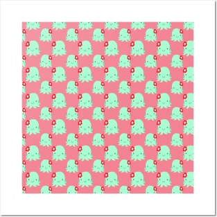 Aqua Flower Octopus Pink Pattern Posters and Art